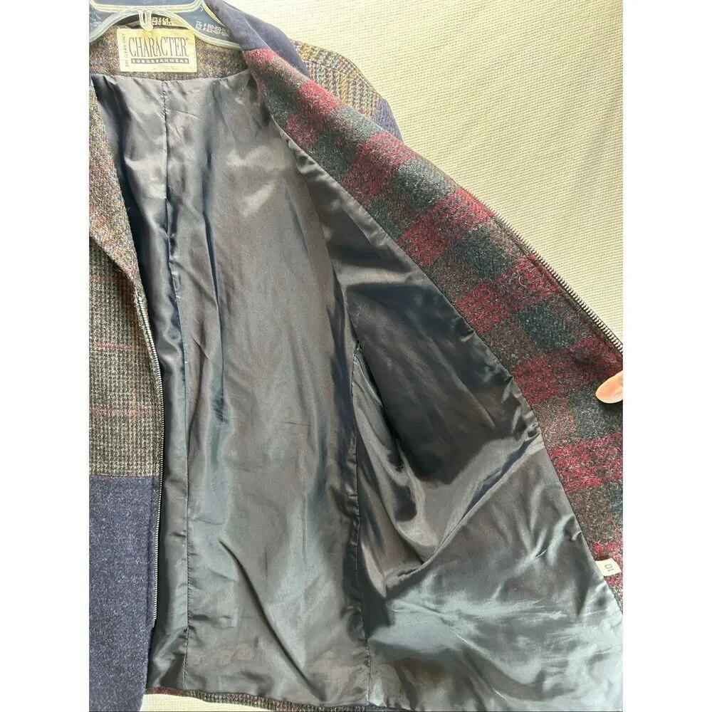 Patchwork Wool Jacket Blue Plaid Zip Front Vtg10 Dark Academia Quiet Luxury